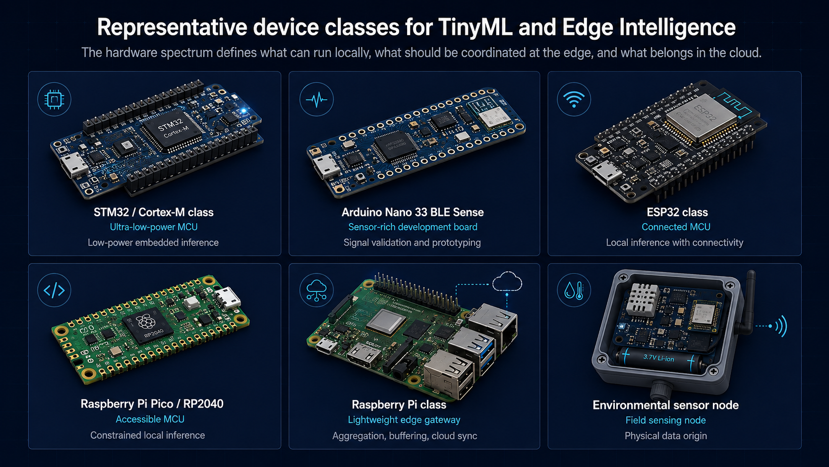 Technical illustration of representative TinyML and Edge AI device classes, including MCU boards, sensor-rich boards, connected MCUs, an edge gateway, and a field sensor node.